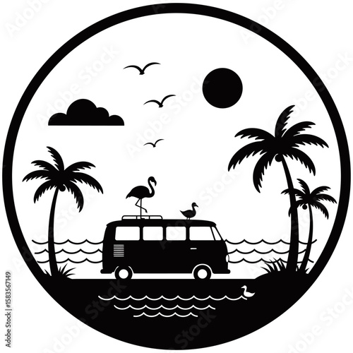 Tropical beach scene in circular silhouette style featuring a retro van, flamingo, palm trees, birds, and ocean view. Minimalist black and white design ideal for travel or summer graphics.