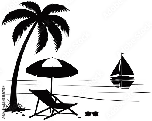 Tropical beach silhouette style featuring a retro van, flamingo, palm trees, birds, and ocean view. Minimalist black and white design ideal for travel or summer graphics.