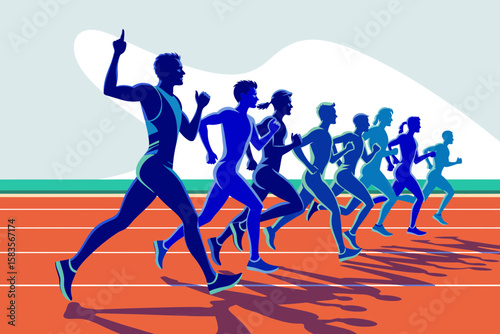 A group of runners in varying shades of blue sprint on an orange track, with one runner raising a hand in victory.