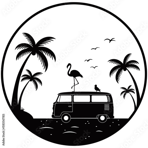 Tropical beach scene in circular silhouette style featuring a retro van, flamingo, palm trees, birds, and ocean view. Minimalist black and white design ideal for travel or summer graphics.