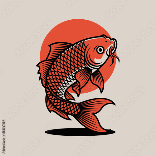 Illustration of a vibrant orange koi fish swimming upwards against a red sun, with detailed scales and flowing fins.