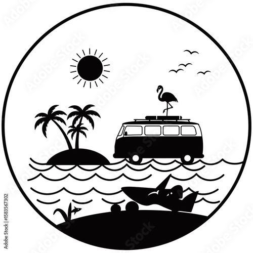 Tropical beach scene in circular silhouette style featuring a retro van, flamingo, palm trees, birds, and ocean view. Minimalist black and white design ideal for travel or summer graphics.