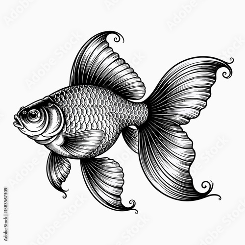 Intricate black and white illustration of a goldfish with flowing fins and detailed scale texture on a plain background.