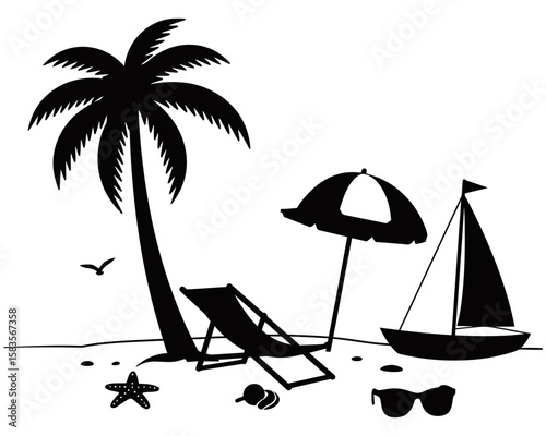 Tropical beach silhouette style featuring a retro van, flamingo, palm trees, birds, and ocean view. Minimalist black and white design ideal for travel or summer graphics.