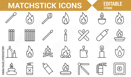 Set of Minimalist Matchstick and Fire Icons for Lighting, Safety, and Fire-related Design