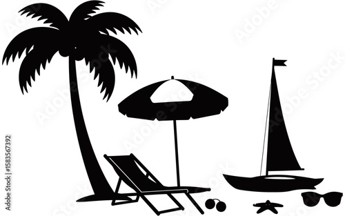 Tropical beach silhouette style featuring a retro van, flamingo, palm trees, birds, and ocean view. Minimalist black and white design ideal for travel or summer graphics.