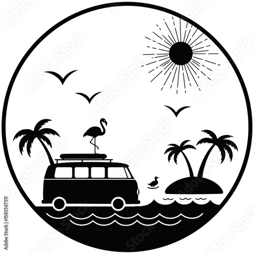 Tropical beach scene in circular silhouette style featuring a retro van, flamingo, palm trees, birds, and ocean view. Minimalist black and white design ideal for travel or summer graphics.