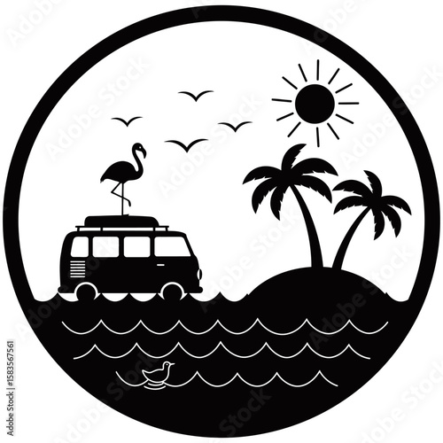 Tropical beach scene in circular silhouette style featuring a retro van, flamingo, palm trees, birds, and ocean view. Minimalist black and white design ideal for travel or summer graphics.
