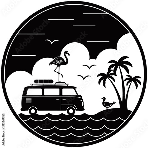 Tropical beach scene in circular silhouette style featuring a retro van, flamingo, palm trees, birds, and ocean view. Minimalist black and white design ideal for travel or summer graphics.