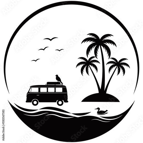 Tropical beach scene in circular silhouette style featuring a retro van, flamingo, palm trees, birds, and ocean view. Minimalist black and white design ideal for travel or summer graphics.