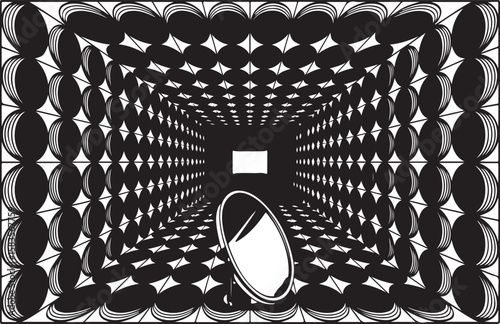 Black and white abstract perspective mirror within a hallway illusion illustration