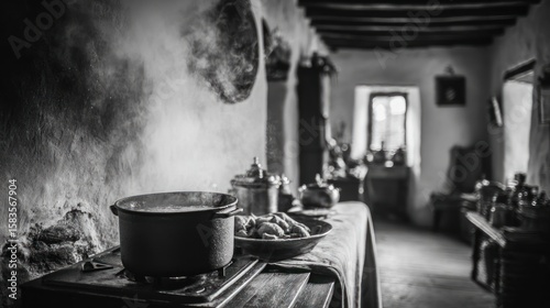 Rustic interior kitchen scene, black and white
