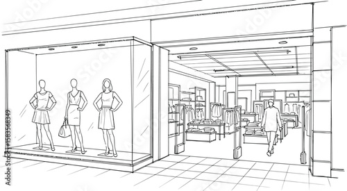 Fashion boutique store interior sketch showcases mannequins in display.
