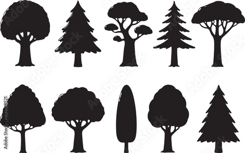 Hand drawn black tree silhouettes for nature themes and environmental conservation projects