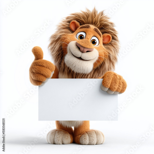 Cute 3d lion holding a blank white sign, isolated on a white background
