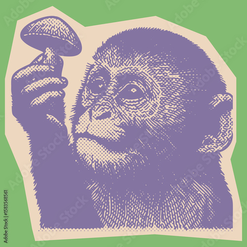  Vibrant color engraving vector of a purple monkey holding a mushroom paper cut design, canvas template with stamp dot halftone effect, perfect for creative projects and digital artwork.