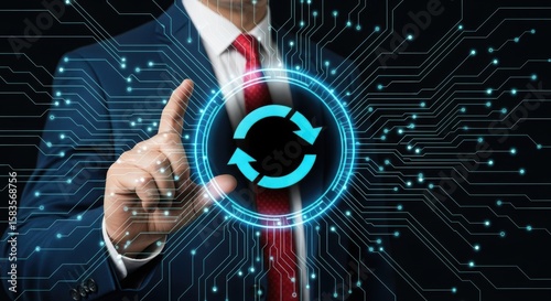 Businessman touching digital refresh symbol circuit board image