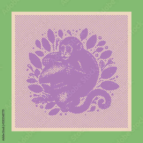  Vibrant color engraving purple monkey holding mushroom design, canvas template, stamp style, dot halftone vector illustration, detailed artistic wild primate nature tropical jungle forest fruit