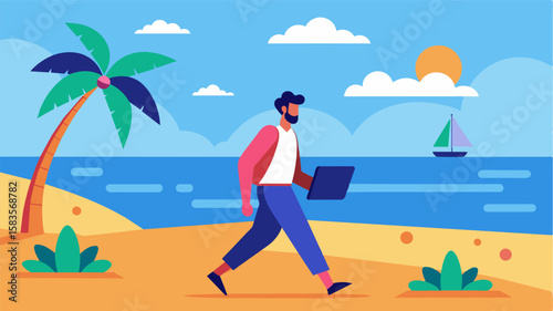 During a break from their computer the remote worker takes a walk on the beach feeling grateful for the flexibility and peacefulness of their remote job.. Vector illustration