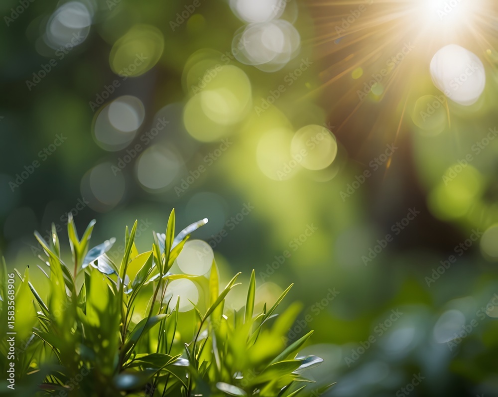 Obraz premium Defocused green nature background with sunlight and bokeh effect, ideal for eco, wellness, or spa design