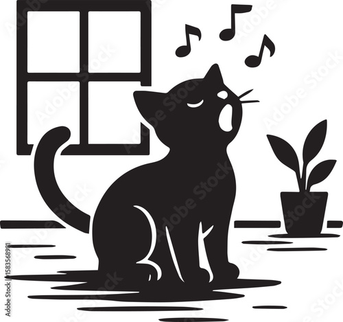 a black and white silhouette of a cute cat is singing a song in room