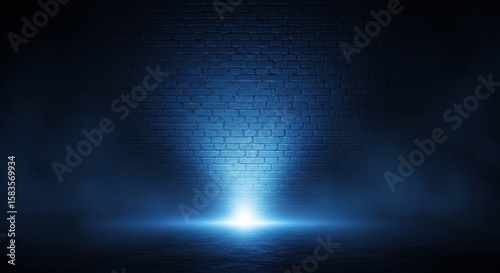 Dark blue brick wall illuminated by bright light and smoke image