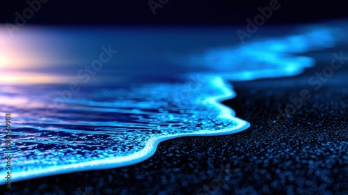 Serene night ocean waves gently lapping against a dark sandy beach under a twilight sky