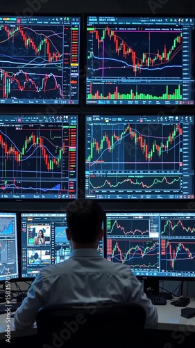 Analyst monitoring multiple financial charts and data displays in a modern trading room