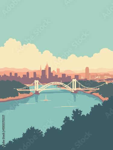 Cincinnati, Ohio – stylized Roebling Bridge with Ohio River and hilly skyline in vintage tones