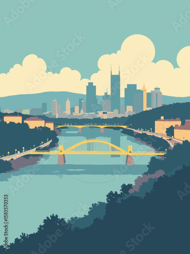 Pittsburgh, Pennsylvania – three rivers, iconic yellow bridges and hilly skyline in bold contrast tones