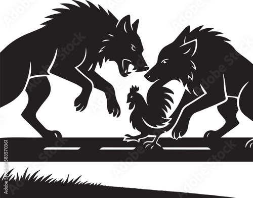 a black-and-white silhouette of a powerful wolf is fighting with another wolf