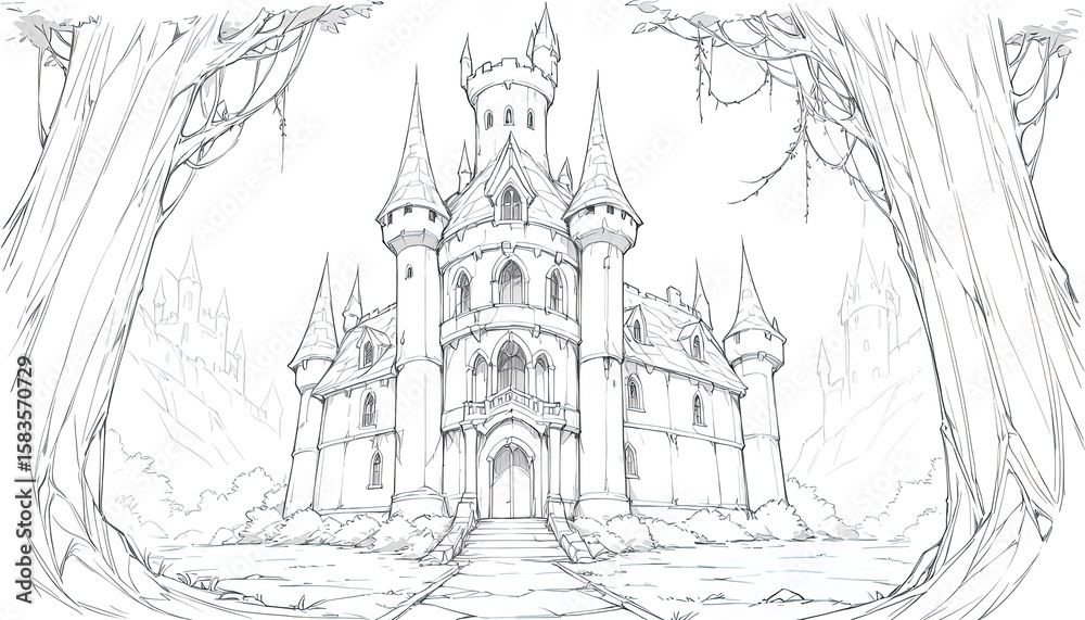 Fototapeta premium Detailed sketch of a majestic fantasy castle.