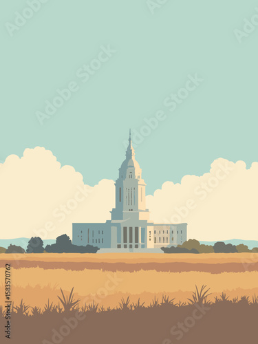 Lincoln, Nebraska – state capitol tower with wide open plains and stylized fields, soft grainy tones