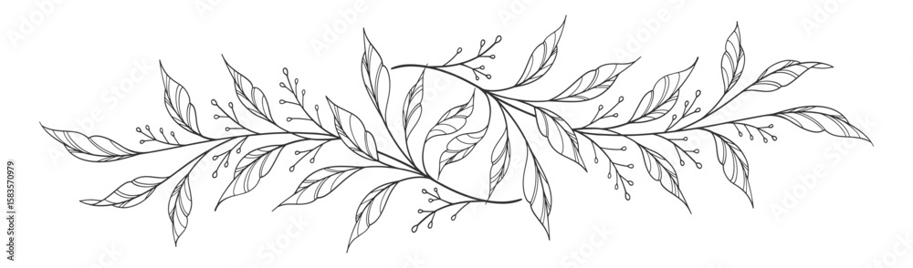 Fototapeta premium floral leaves line art isolated on white background. Divider doodle leaf and flowers, nature border decorative element vector illustration