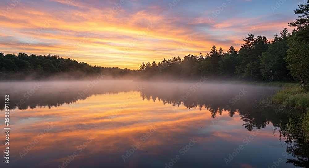 Fototapeta premium Serene Sunrise Over Foggy Lake Surrounded by Green Forests with Colorful Sky