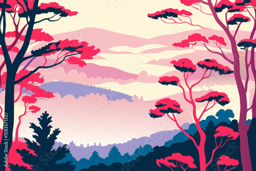 Stylized Mountain Landscape with Trees and Pink Sky Vector Illustration Perfect for backgrounds wallpapers and designs needing a serene nature inspired and visually appealing aesthetic