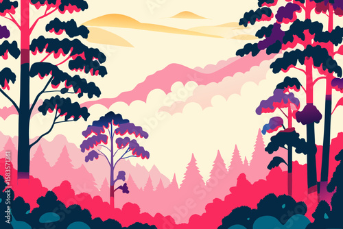 Stylized Forest Landscape Illustration with Pink Mountains and Trees featuring a vibrant color palette and a whimsical dreamlike quality perfect for backgrounds or decorative elements