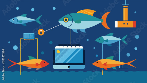 An image of a automatic fish harvesting system controlled by IoT sensors and cameras to accurately identify and retrieve mature fish for sale or processing.. Vector illustration