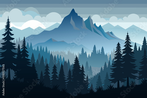 Serene Mountain Landscape with Pine Forest a vector illustration featuring layered mountains a dense pine forest and a calming blue color palette under a cloudy