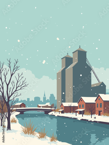 Buffalo, New York – grain silos, waterfront parks, and snowy rooftops in textured urban winter theme
