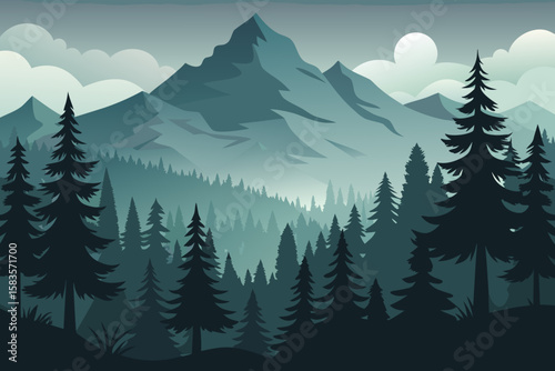 Serene Mountain Landscape with Evergreen Forest A Tranquil Vector Illustration Featuring Layers of Mountains Pine Trees Soft Clouds and a Subtle Moon in a Calming