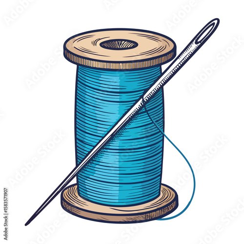 A spool of blue thread with a needle, symbolizing sewing, crafting, and textile design in a clean vector style.
