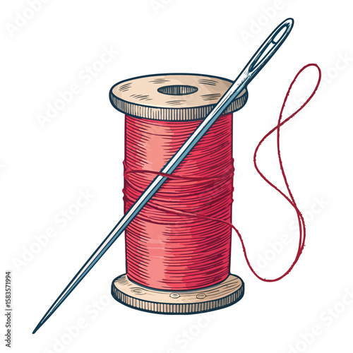 A spool of red thread with an inserted needle, ideal for showcasing sewing concepts, handmade crafts, and fashion design
