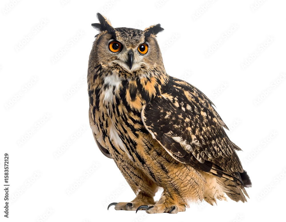 Naklejka premium A majestic large owl with striking orange eyes gazes directly forward, displaying its intricate feathered patterns.
