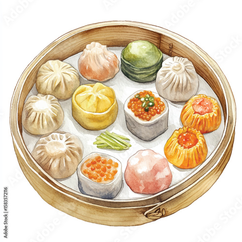 Watercolor Dim Sum Assortment in Bamboo Steamer Delicious Asian Cuisine