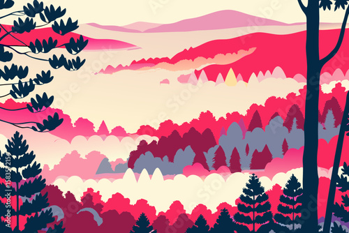 Abstract landscape illustration featuring layered mountains and forests in shades of pink red and blue creating a serene and dreamy atmosphere with stylized trees in
