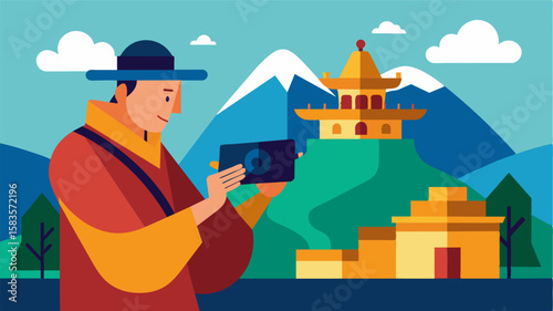 In between helping the monks with their daily tasks the digital nomad takes breaks to capture stunning photos of the monasterys architectural wonders quickly editing and sharing. Vector illustration