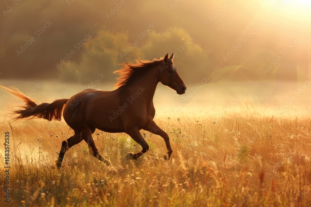 Fototapeta premium illustration brown horse galloping across sunlit