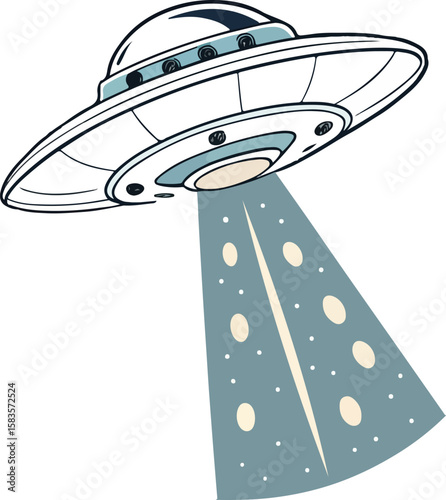 A UFO flying in outer space with a glowing spotlight, great for sci-fi illustrations, cosmic scenes, and alien exploration concepts.