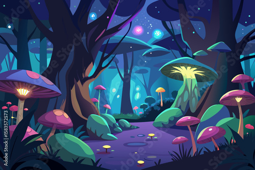 Enchanted Forest Illustration with Glowing Mushrooms and Magical Lights a Whimsical and Dreamlike Landscape Perfect for Fantasy Themes and Children s Illustrations with a Vibrant